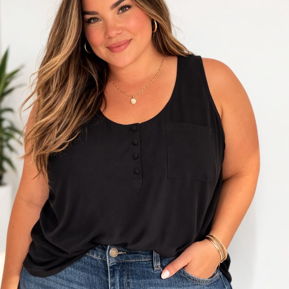 Torrid Black Challis Top 5X 28 Henley Button Sleeveless Blouse Pocket Casual NWT